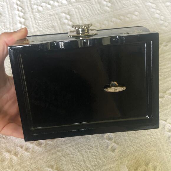 VTG Mother of Pearl Inlay Lacquer Jewelry Music Box Green Birds Mirror 6"x3.5" - Picture 8 of 13